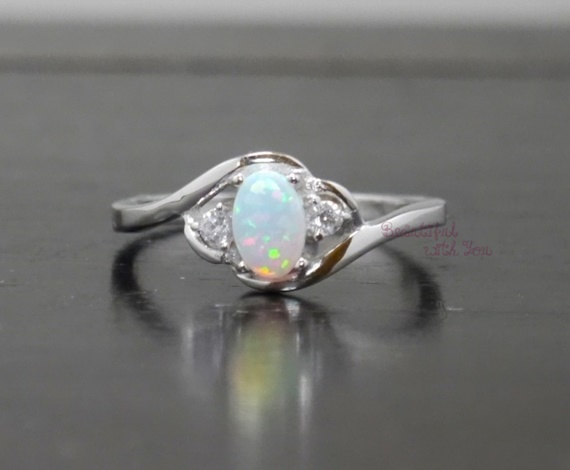 Wedding - White Opal Ring, Silver Lab Opal Ring, Opal Wedding Band, Womens Opal Wedding Ring, Opal Engagement Ring, Promise Ring for Her