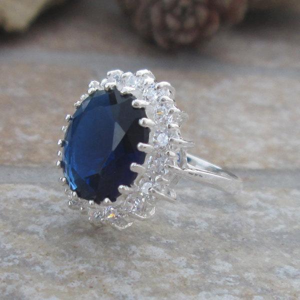 زفاف - Oval Blue Sapphire Ring Princess Diana Silver Engagement Ring US Size Selectable