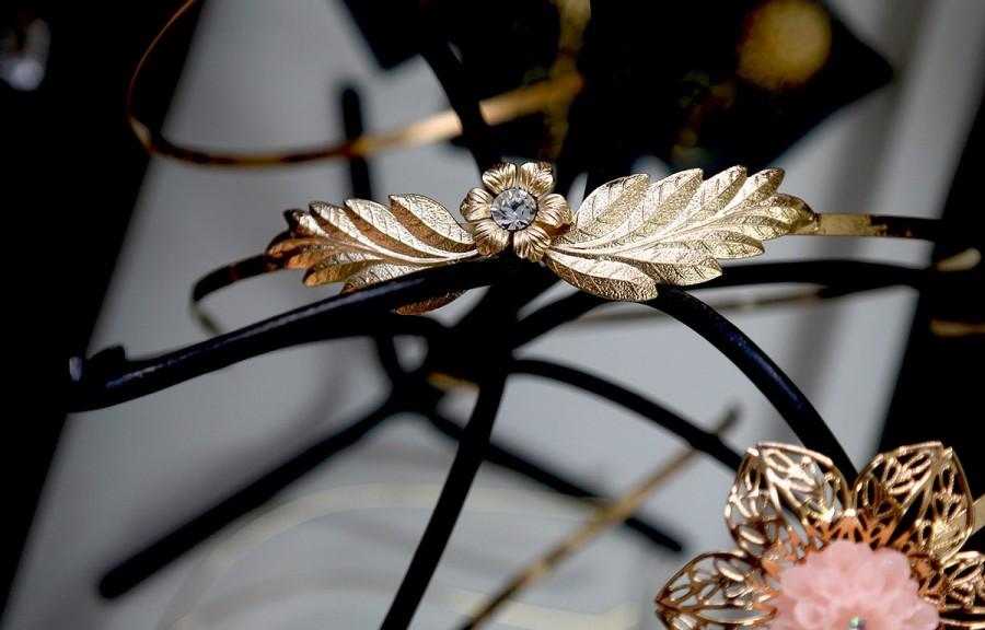 Hochzeit - Fall Sale, Grecian Headband, Bridal headband , Greek Goddess Gold Leaf  flower Swarovski Rhinestones headpiece - Ready to Ship