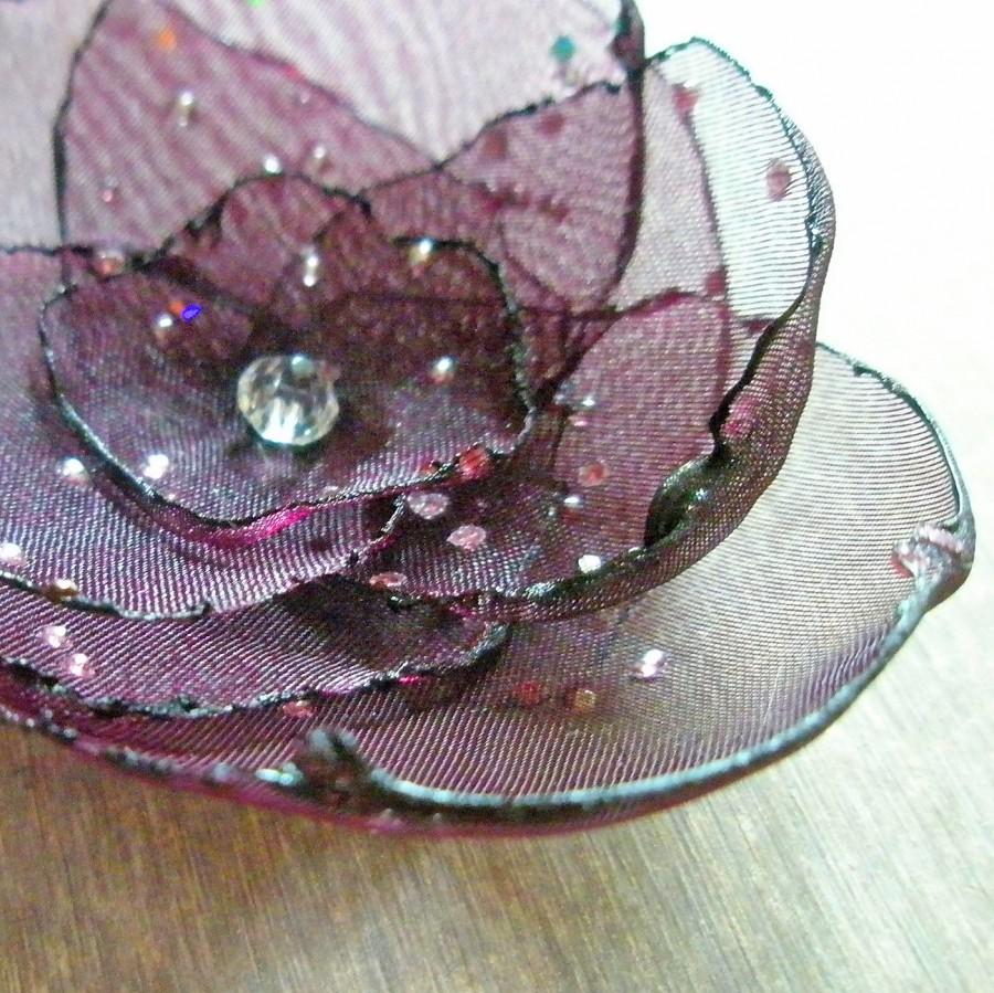 زفاف - Purple Organza Flower Pin with Diamond Effects and Swarovski Crystal (wine, eggplant, grape)