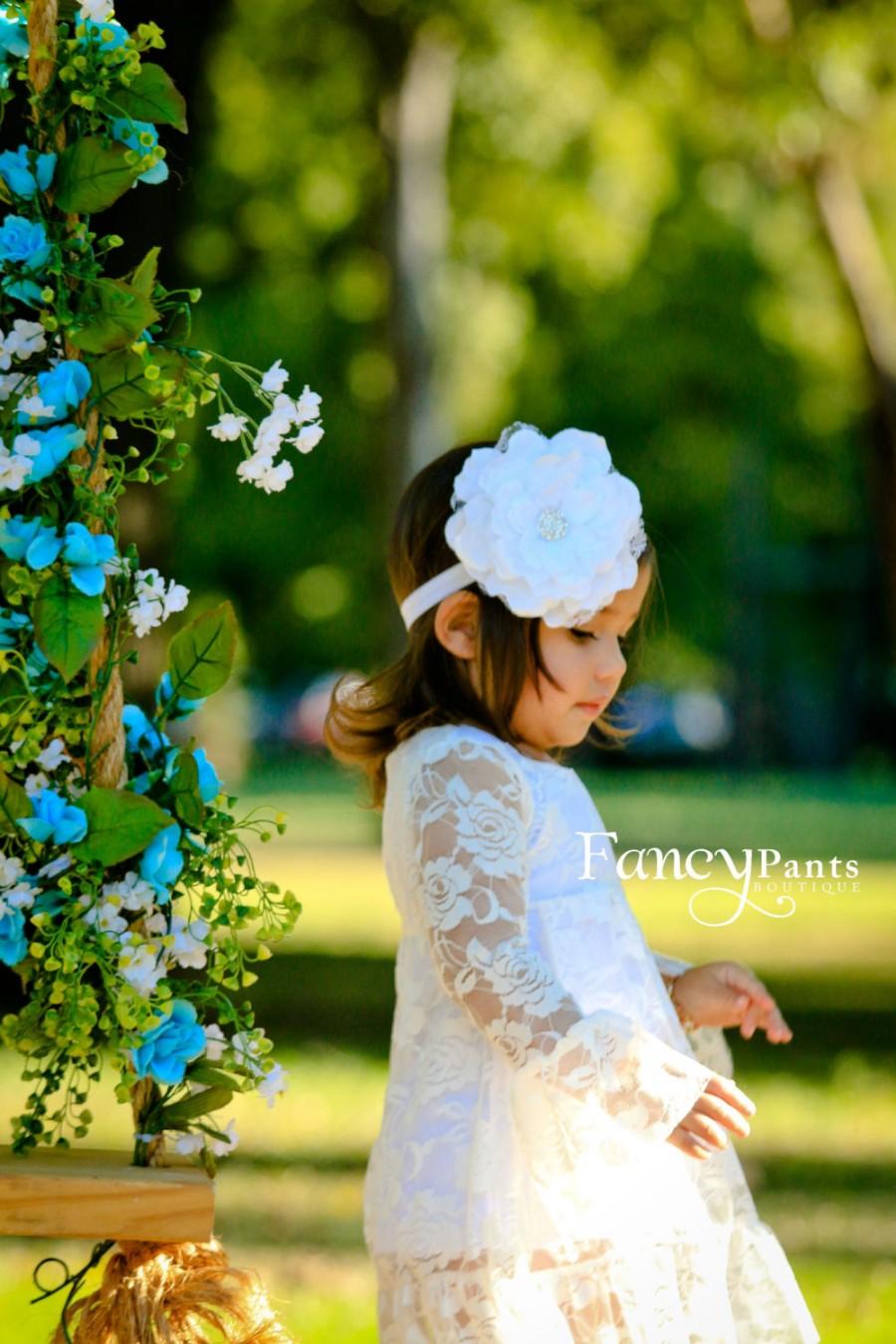 Wedding - White lace dress, White Flower Girl Dress - Flower girl dress - Boho girl dresses- - Long sleeve lace dress-Toddler Dress- Birthday