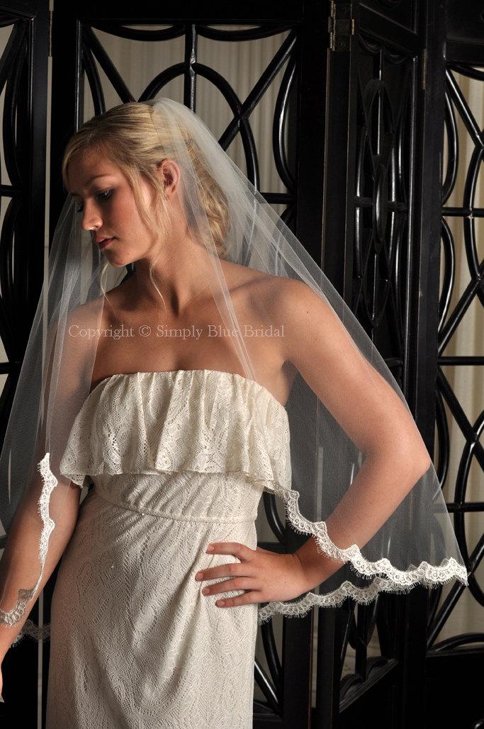 Wedding - Wedding Veil - Veil with Partial Alencon Lace Edge - White, Light Ivory, Ivory