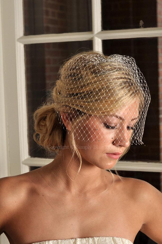 زفاف - Wedding Veil - Birdcage Veil with Swarovski Crystals - Ivory, White or Black