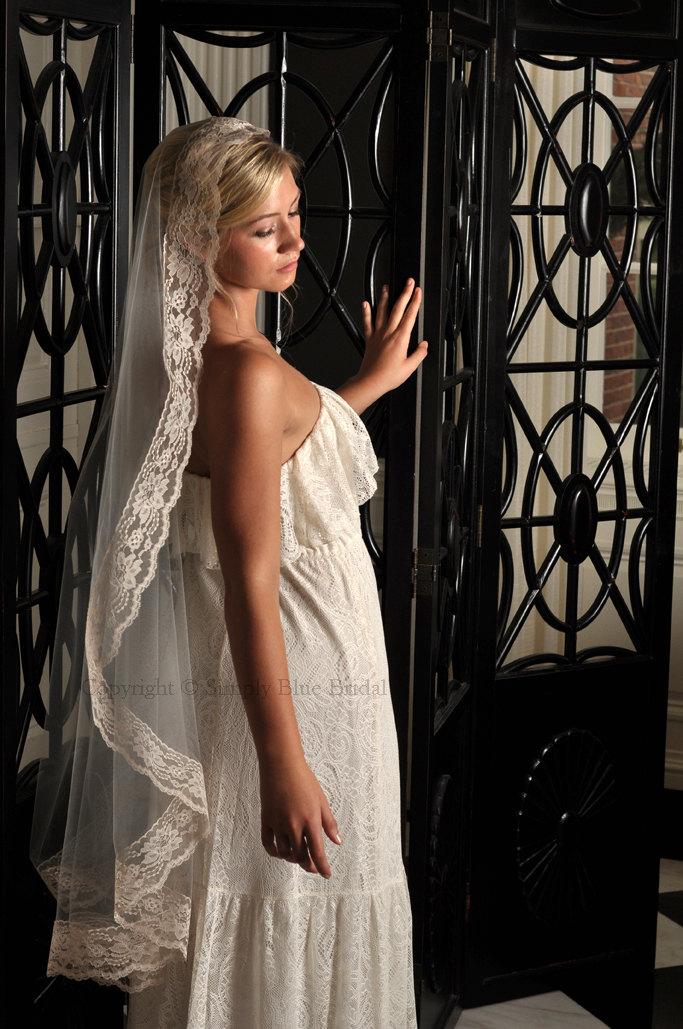 زفاف - Bridal Veil - Lace Mantilla, Mantilla Veil Ivory, White, Diamond White, Champagne - Waltz Length