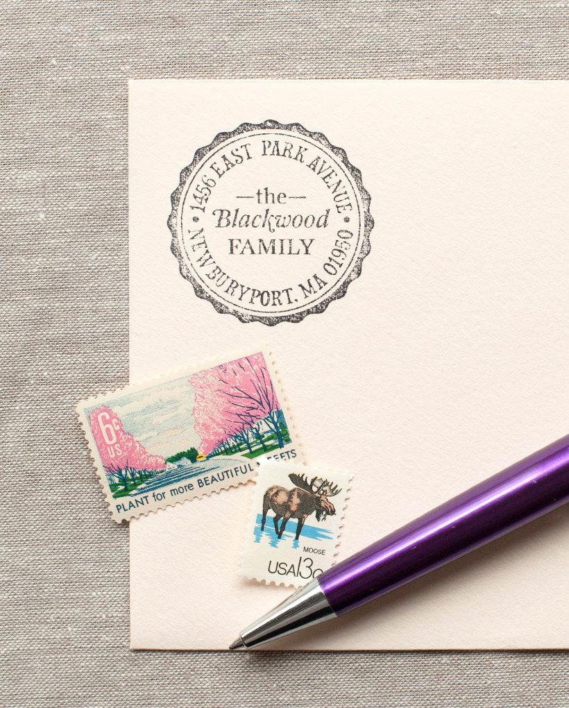 زفاف - Self-Inking Address Stamp SCALLOP BORDER Design Interchangeable - classic round address stamp