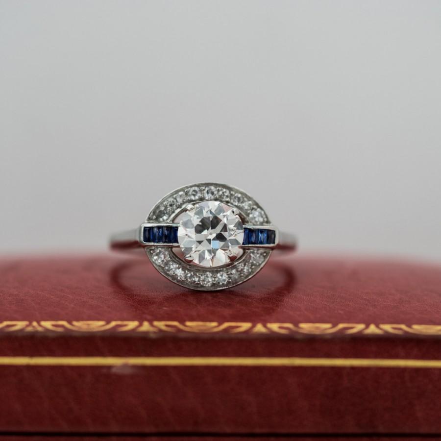 Hochzeit - Antique Art Deco Platinum Engagement Ring with 1.51ct Center Old European Cut Diamond and Sapphires VEG #4