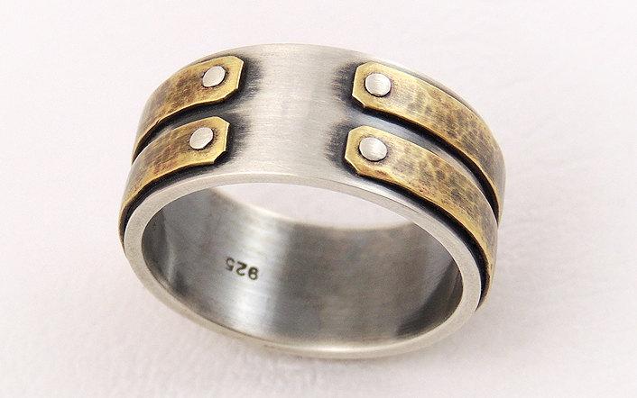 Mariage - Rustic men wedding band - sterling silver and brass,unique wedding ring,man ring,man ring