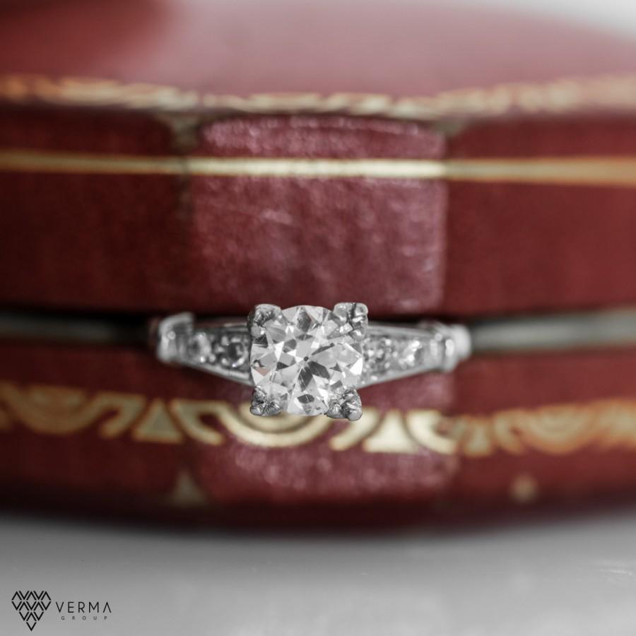 Wedding - Antique Deco Platinum .75ct Engagement Ring w/ Old European Cut Diamond VEG #25