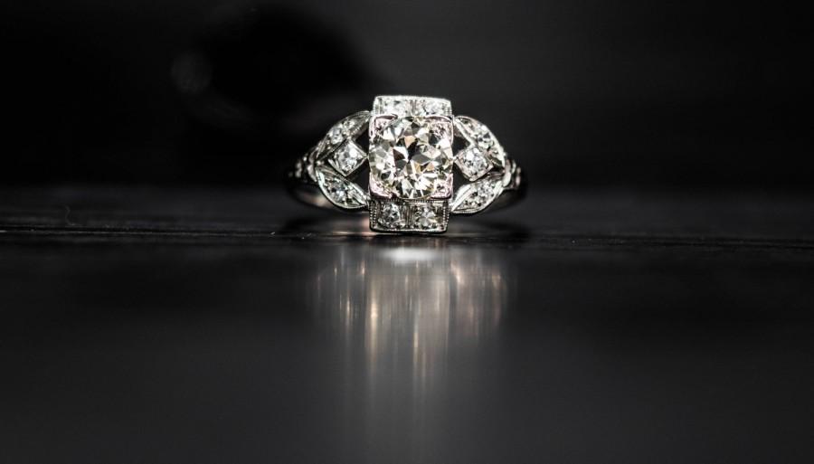 Mariage - Antique Art Deco Engagement Ring in Platinum with 1.20ct Old European Cut Diamond VEG #5