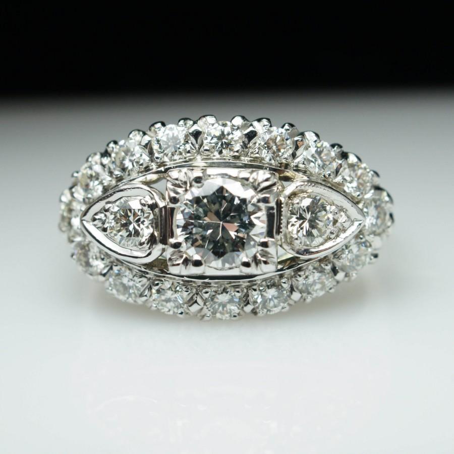 Hochzeit - Vintage Retro 1.14ctw Diamond Cocktail Ring 14k White Gold - Size 6.5 - Diamond Engagement Ring