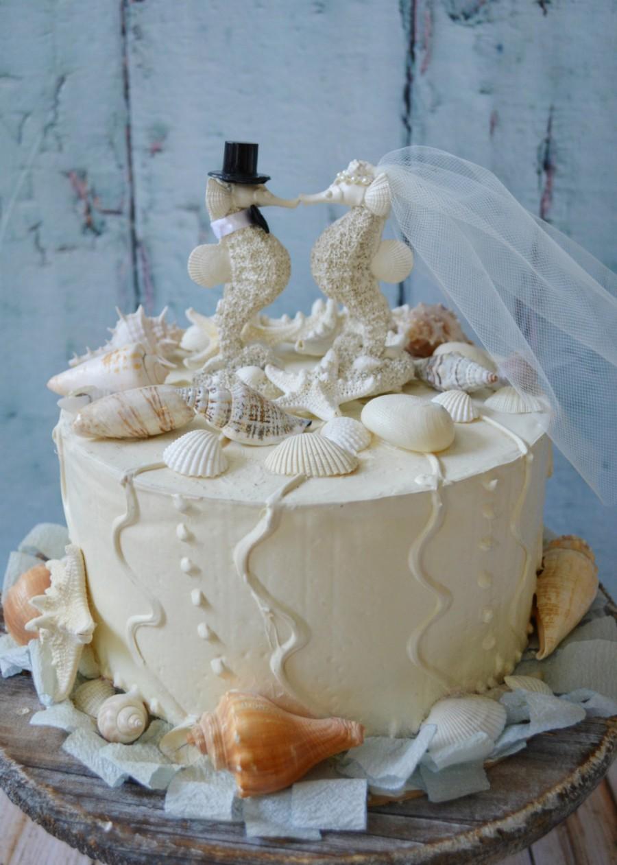 Hochzeit - Seahorse wedding cake topper-bride and groom-resin-white seahorse-theme-beach wedding-destination wedding-kissing-nautical wedding-ivory
