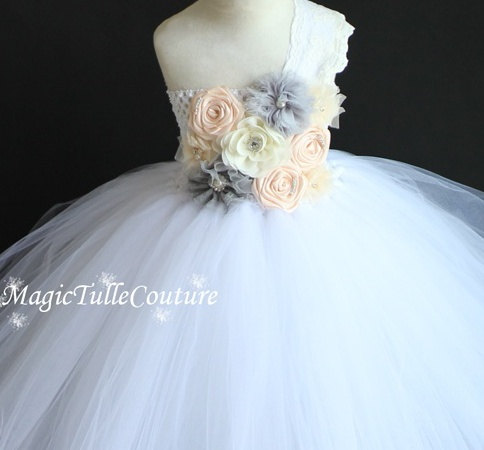 Mariage - blush and ivory light grey silver white flower girl tutu dress autumn wedding dress tulle dress toddler dress vintage dress 1t2t3t4t5t6t7t8t