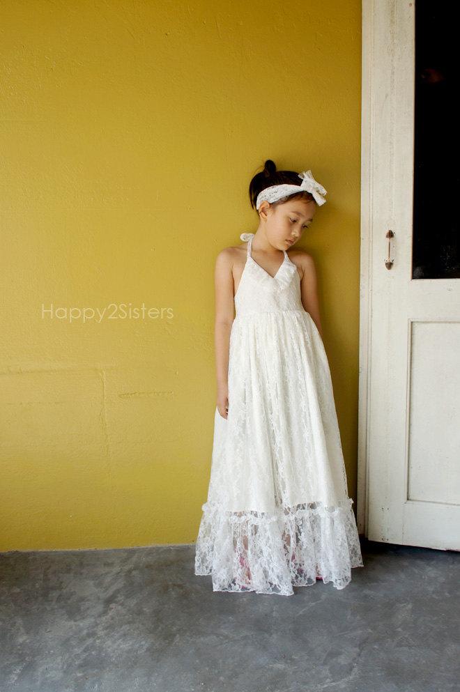 Mariage - Lace flower girl dress, Ivory flower girl dress, rustic flower girl dress, country flower girl dress, Beach flower girl dress