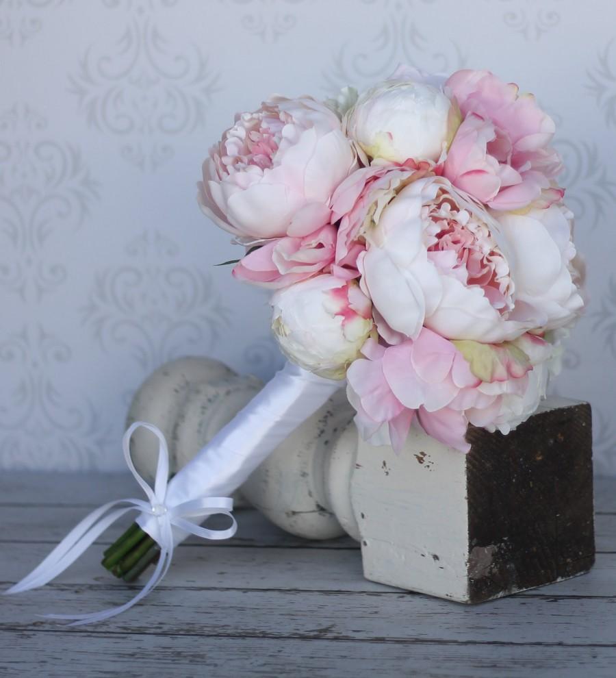 Hochzeit - Silk Bride Bouquet Shabby Chic Vintage Inspired Wedding Pink and Cream Peony Flowers (Item Number MHD20050)