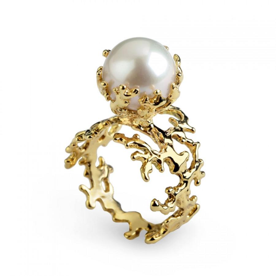 زفاف - CORAL White Pearl Ring, Gold Pearl Engagement Ring, White Pearl Engagement Ring, Organic Gold Ring, Pearl Gold Ring, Unique Large Pearl Ring