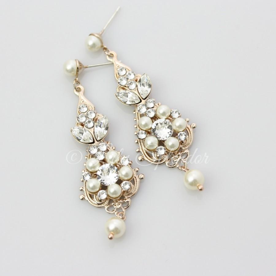 Mariage - Rose Gold Bridal Earrings Chandelier Earrings Vintage Wedding Earrings Pearl Crystal Wedding Jewelry, PARIS EARRINGS