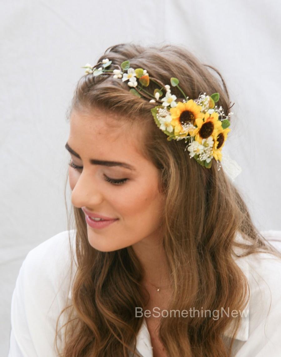 Hochzeit - Sunflower Flower Crown with Green Leaves and Babies Breath Wedding Hair Yellow Floral Halo Boho Wedding Bridesmaid or Flower Girl Headband