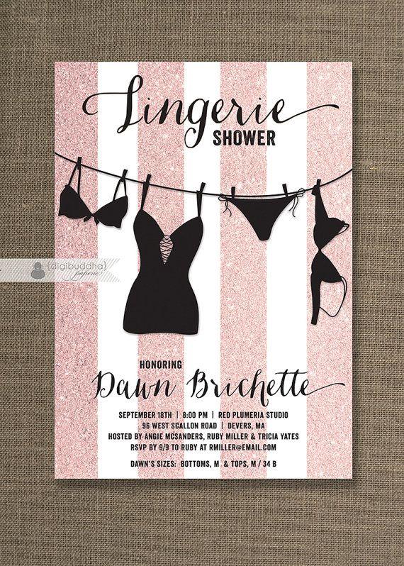 Wedding - Pink & Black Lingerie Shower Invitation Pink Glitter Stripes Modern Bridal Personal FREE PRIORITY SHIPPING Or DiY Printable - Dawn
