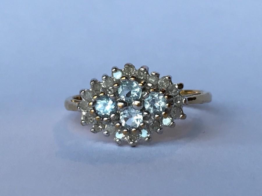 Wedding - Vintage Blue Topaz and Diamond Cluster Ring in 9k Yellow Gold. Unique Engagement Ring. November Birthstone. April Birthstone.