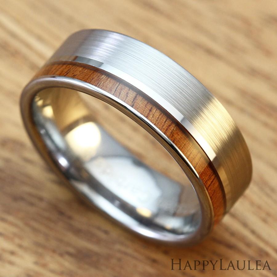 زفاف - Tungsten Carbide Ring with Koa Wood Inlay (7mm width, flat style matte finish)