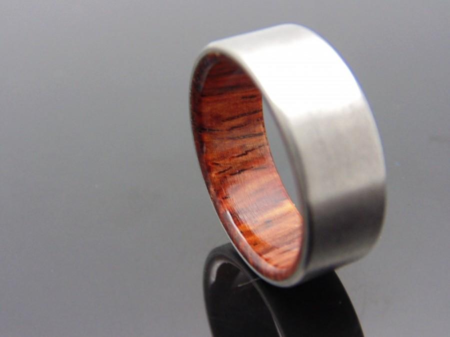 زفاف - Brushed Titanium and wood ring,  Cocobolo waterproof wood ring