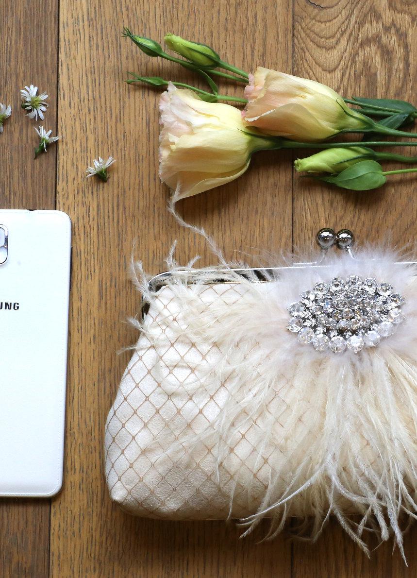 Hochzeit - Champagne Ostrich Feather Bridal Clutch with Rhinestone Brooch 8-inch PASSION
