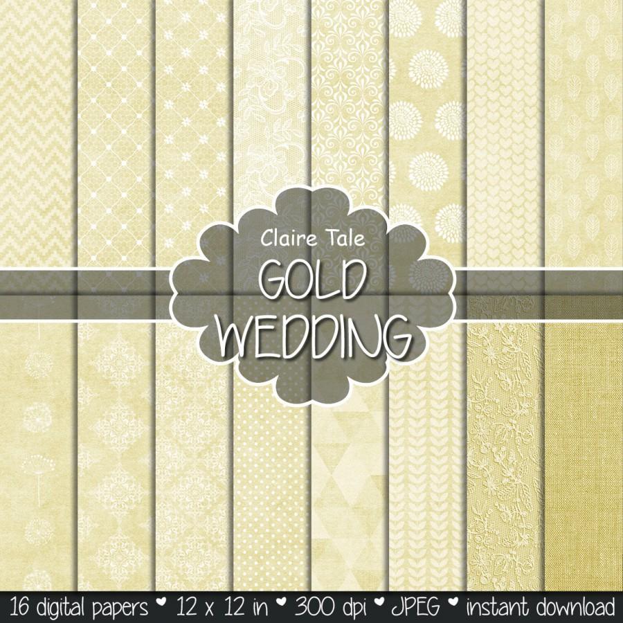Mariage - Gold digital paper: "GOLD WEDDING" with gold damask, lace, quatrefoil, flowers, hearts, polka dots, triangles, stripes, linen