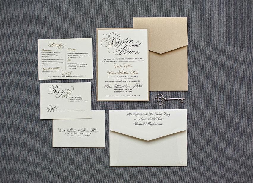 Свадьба - Vintage Wedding Invitation - Black and Champagne Gold Formal Pocket Invitation - Traditional, Classic, Formal - Custom - Cristin and Brian