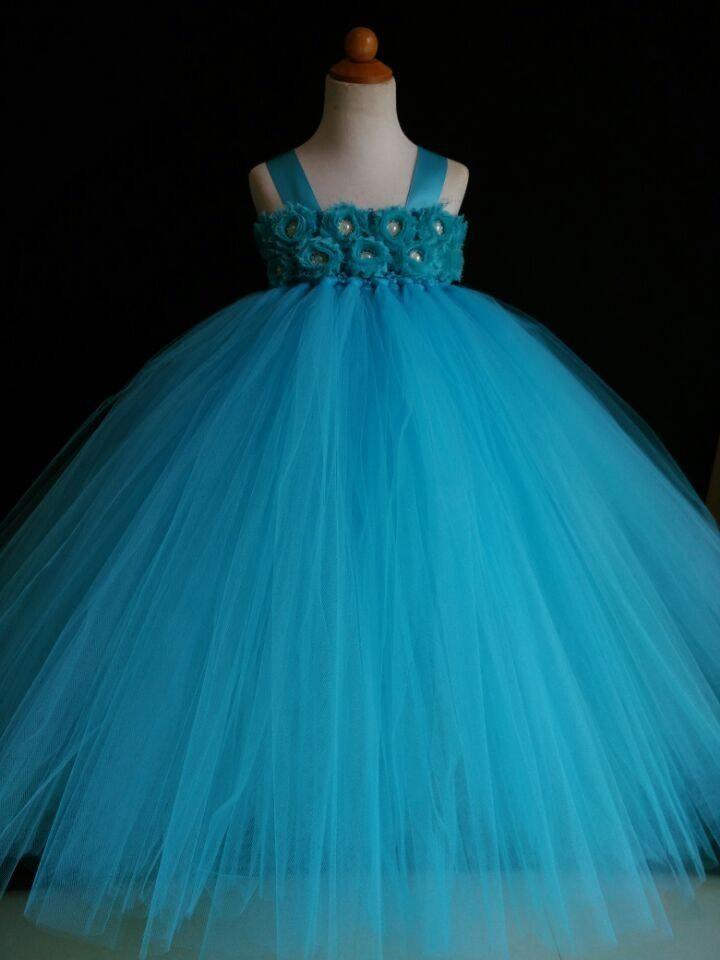 Mariage - Turquoise Flower Girl Dress Shabby Chic Flowers Dress Tulle Dress Wedding Dress Birthday Dress Toddler Tutu Dress 1t2t3t4t5t Morden Wedding