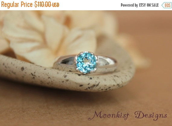 Wedding - ON SALE Blue Topaz Modern Solitaire in Sterling - Silver Artisan Engagement Ring, Commitment Ring, or Promise Ring - December Birthstone Rin