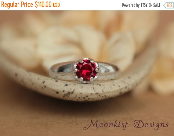 Wedding - ON SALE Deep Red Ruby in Bold Artisan Sterling Silver Solitaire Mounting - Ruby Engagement Ring, Ruby Promise Ring, or July Birthstone Ring
