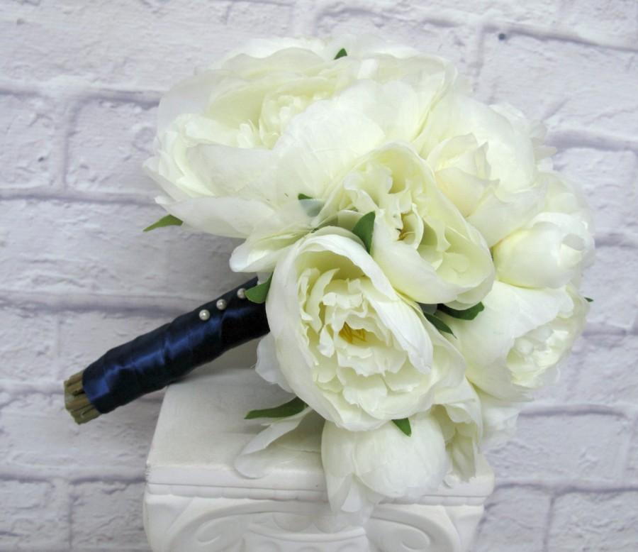 Mariage - Romantic peony wedding bouquet cream navy bridal bouquet silk wedding flowers