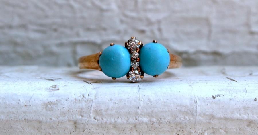 زفاف - Antique 14K Rose Gold Turquoise and Diamond Ring Engagement Ring.