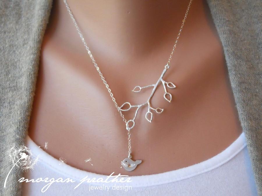 Mariage - Bud Branch and Little Bird Lariat - silver grey white dainty pendants - sterling silver chain - morganprather