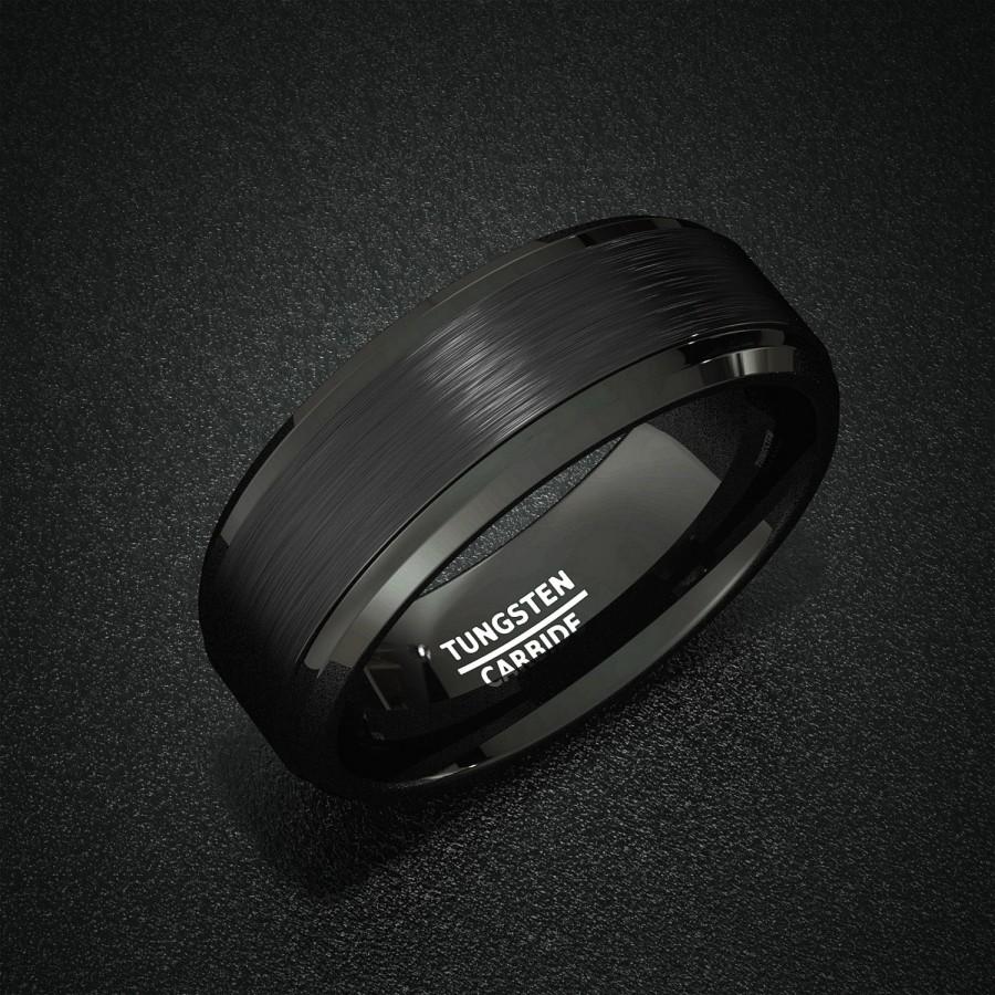 Hochzeit - Mens Wedding Band Black Matte Brushed Surface Grooved Tungsten Ring Comfort Fit