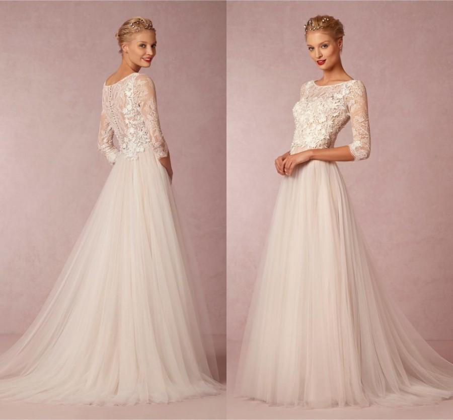 Mariage - 2015 Modest Wedding Dresses with Half Sleeves Garden Sheer Lace Applique Jewel Neckline Elegant A Line Champagne Tulle Bridal Gowns Ball Online with $116.6/Piece on Hjklp88's Store 
