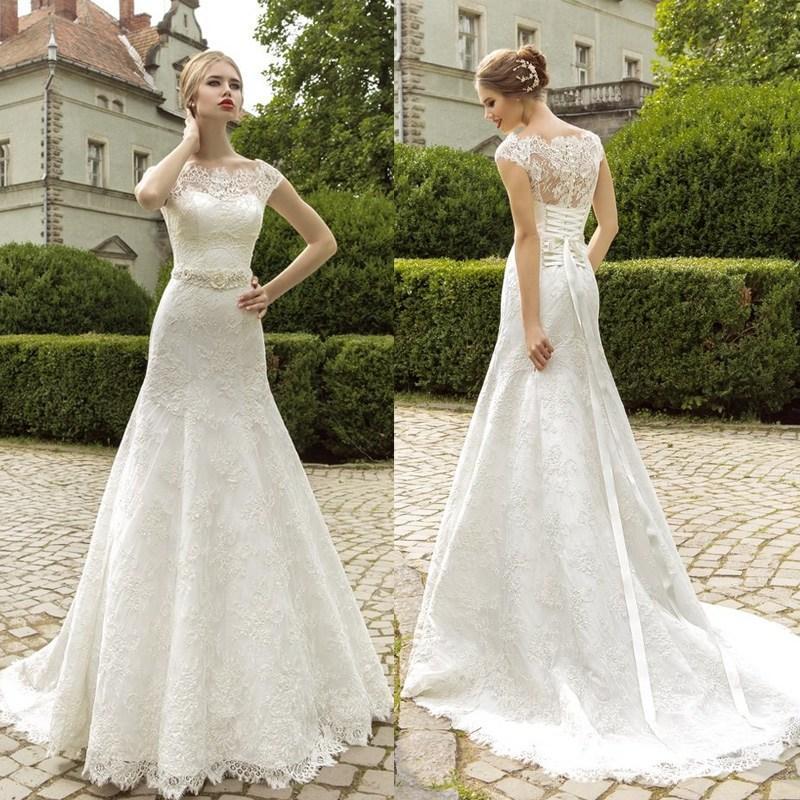 Wedding - Elegant Off Shoulder Lace Wedding Dresses Sheer Capped Sleeves Fit And Flare Wedding Gowns Bridal Ball Floral Beads Sash Waist Garden Online with $123.28/Piece on Hjklp88's Store 