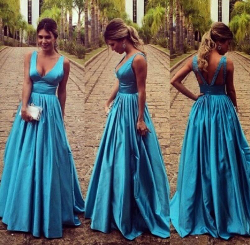 Mariage - Sexy Long Evening Dresses Deep V Neckline 2015 Blue Back Straps A-line Sweep Train Satin Formal Ball Gowns Party Dress Customized Cheap Online with $101.6/Piece on Hjklp88's Store 