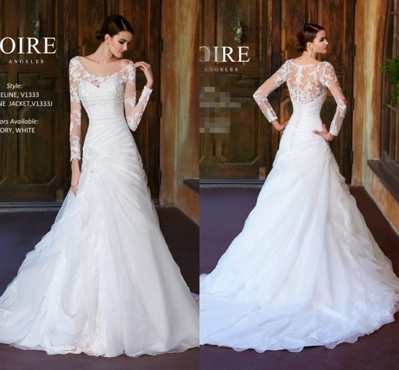 Hochzeit - Exquisite Long Sleeves Lace Wedding Dresses 2015 Applique Illusion Organza Ruffle Scoop Sheer Bridal Ball Gowns A-Line Vestidos De Noiva Online with $132.62/Piece on Hjklp88's Store 