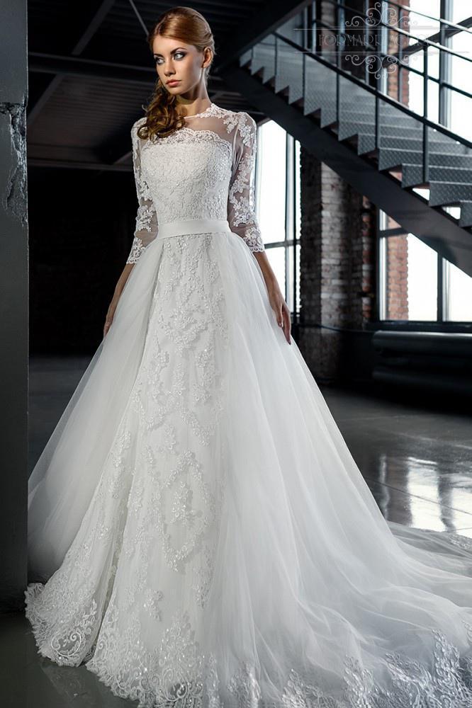 Hochzeit - New Arrival Winter Wedding Dresses 3/4 Long Sleeve Illusion Lace Detachable Skirt Sheer 2016 Bridal Ball Gowns Chapel Train Sequins Custom Online with $132.62/Piece on Hjklp88's Store 
