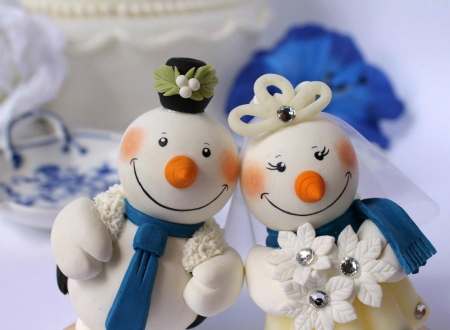 زفاف - Wedding cake topper snowmen with banner, Christmas wedding cake topper, winter wedding, personalized bride and groom