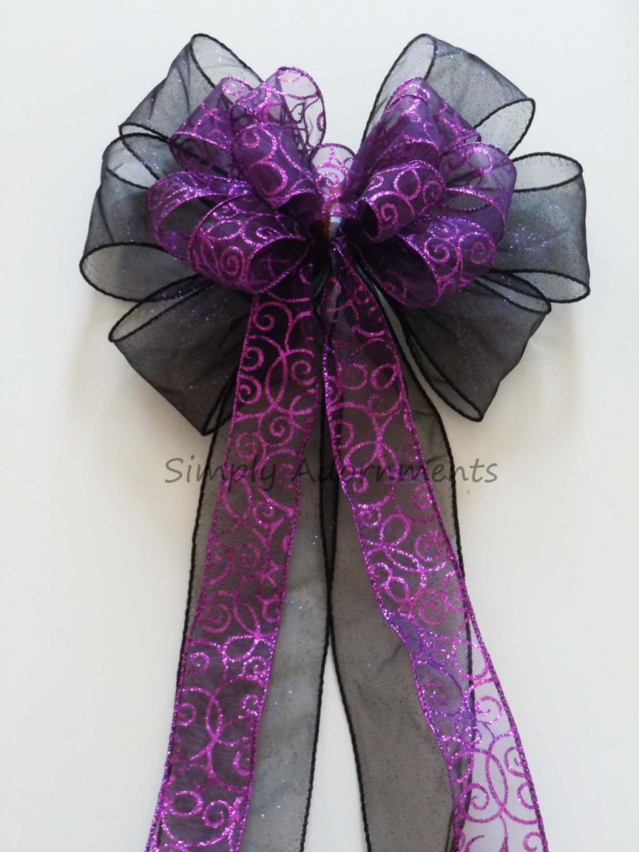 Mariage - Purple Black Halloween Wedding Pew Bow Purple Swirls Filigree Wedding Bow Purple Birthday Party Bow Purple Wreath Bow Gifts Bow