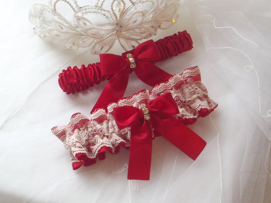 Hochzeit - Wedding Garter Set - Red Garters with Ivory Raschel Lace Overlay