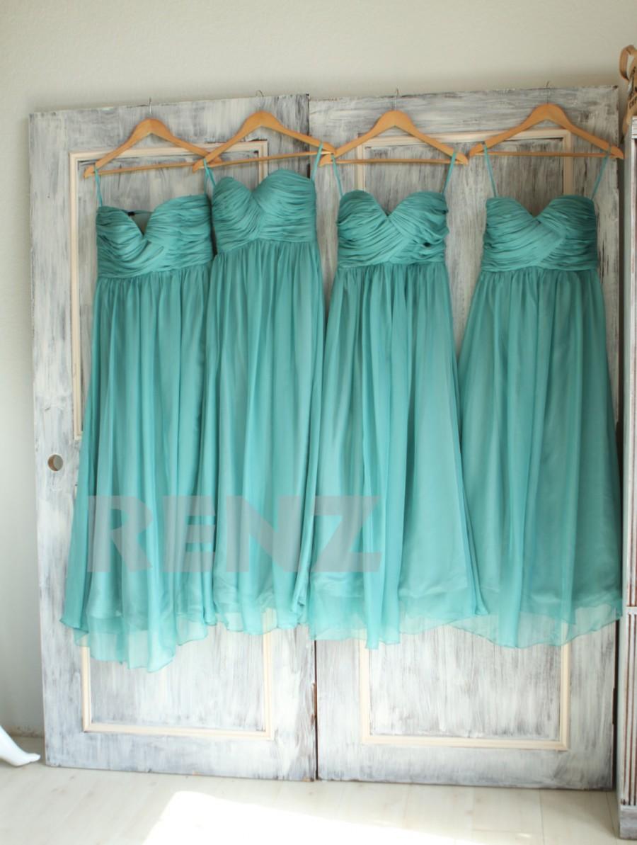 زفاف - 2015 Teal Bridesmaid dress, Sweetheart Spaghetti Straps Short Wedding dress, Chiffon Evening gown, Mint Party dress, Elegant dress (B010E)