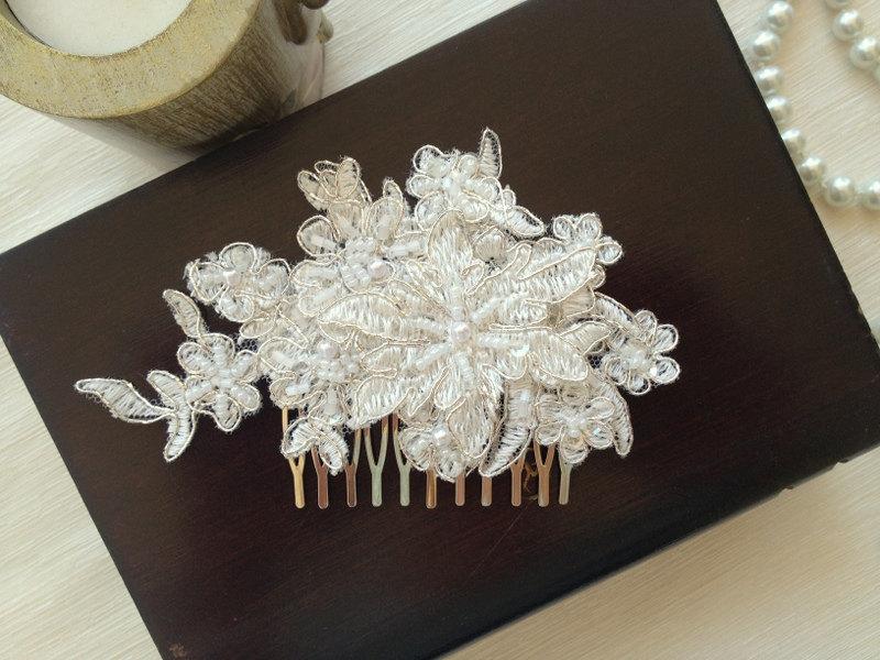 Mariage - Bridal Hair Accessories, Wedding Head Piece, Ivory Beaded Lace, Comb