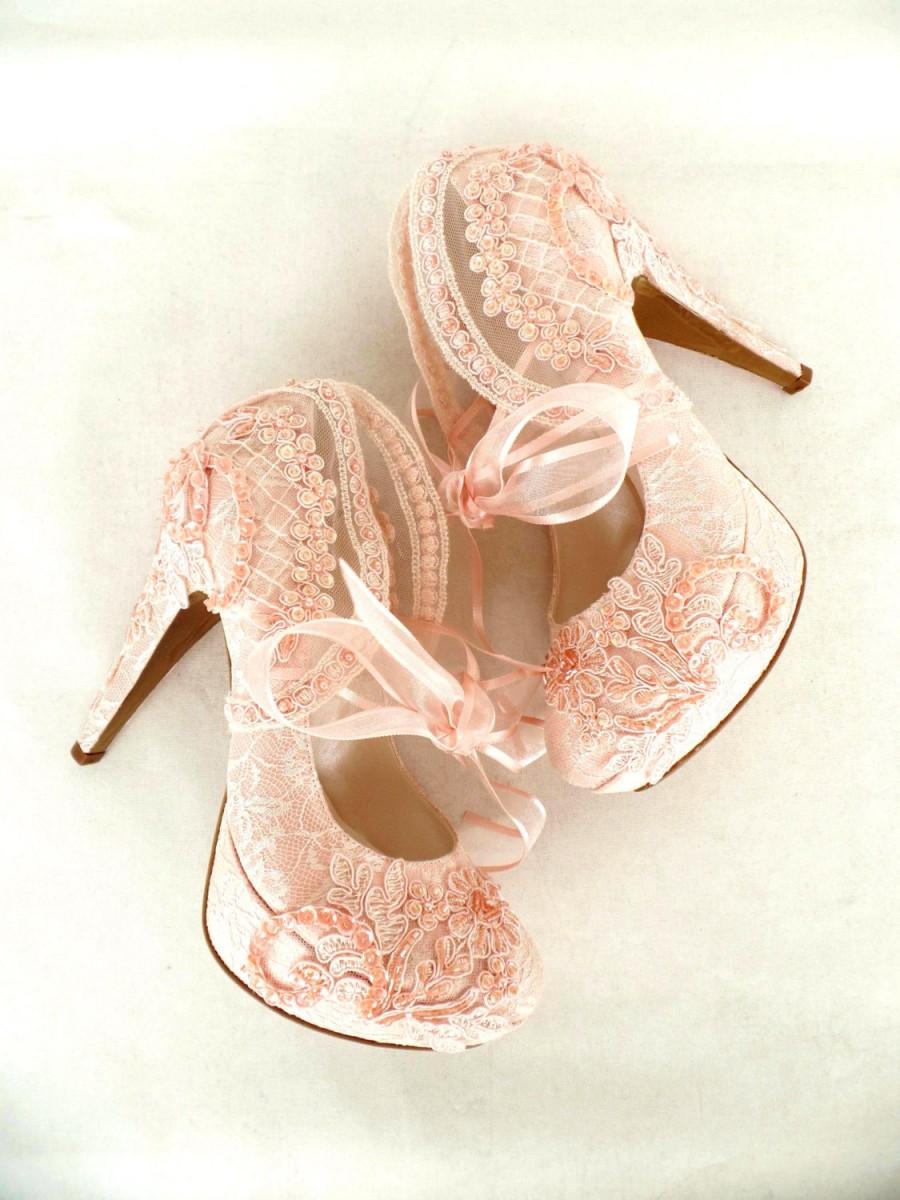 Hochzeit - Wedding Shoes- Bridal Shoes Embroidered Blush Lace with Pearls and Ribbons, 5"heels