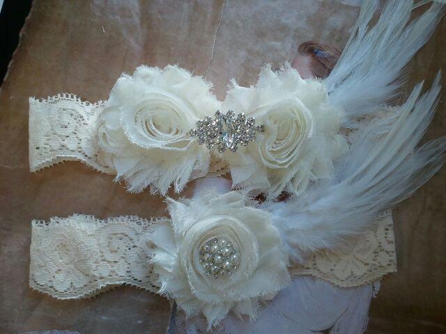 Wedding - Bridal Garter, Wedding Garter and Toss Garter - Ivory Garter Set with Crystal Rhinestone & Feather - Style G224