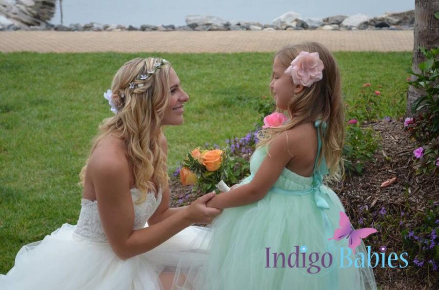 Wedding - Tutu Dress, Flower Girl Dress, Mint Green Tulle, Mint Ribbon, Pink Rose, Fabric Flower, Portrait Dress, Wedding Flower Girl Dress