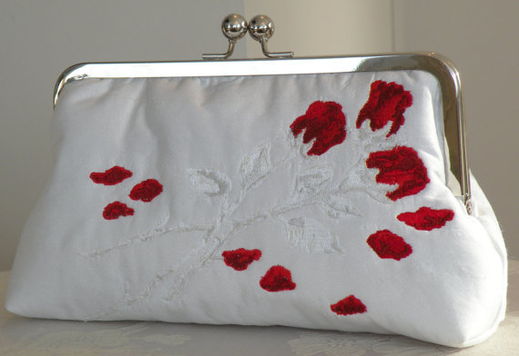 Mariage - Floral Bouquet Red Rose Embroidered Clutch/Purse/Bag..Wedding..Bridal White Silk..Free Monogram..Custom Photo Lining/Long Island Bride Gift