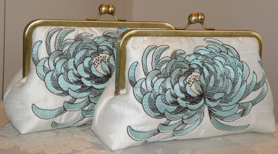 Свадьба - Chrysanthemum Bridesmaid Clutch/Purse/Bag..Something Bridal Blue and Brown on Ivory Silk..Wedding Gift..Personalized Free Monogram
